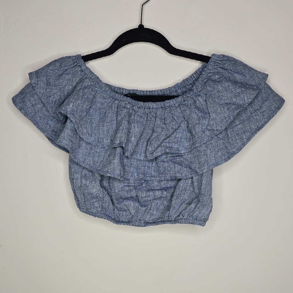 Express Blue Ruffled Crop Blouse